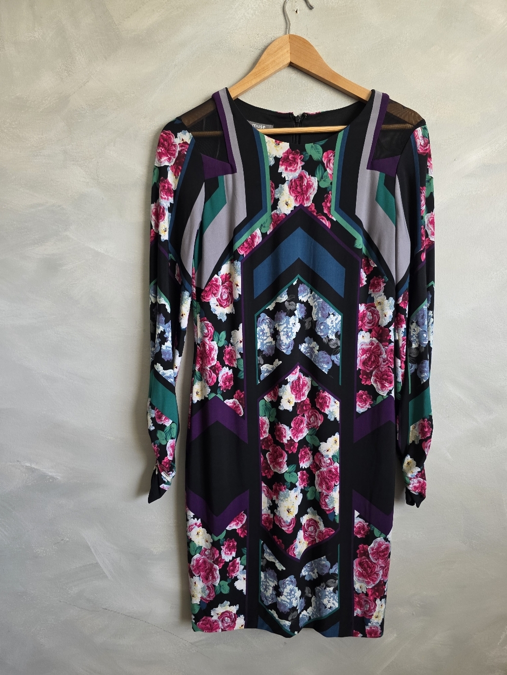 Muse Black Floral Stretch Jersey Chiffon Inset Sheath Dress Multicolor 6